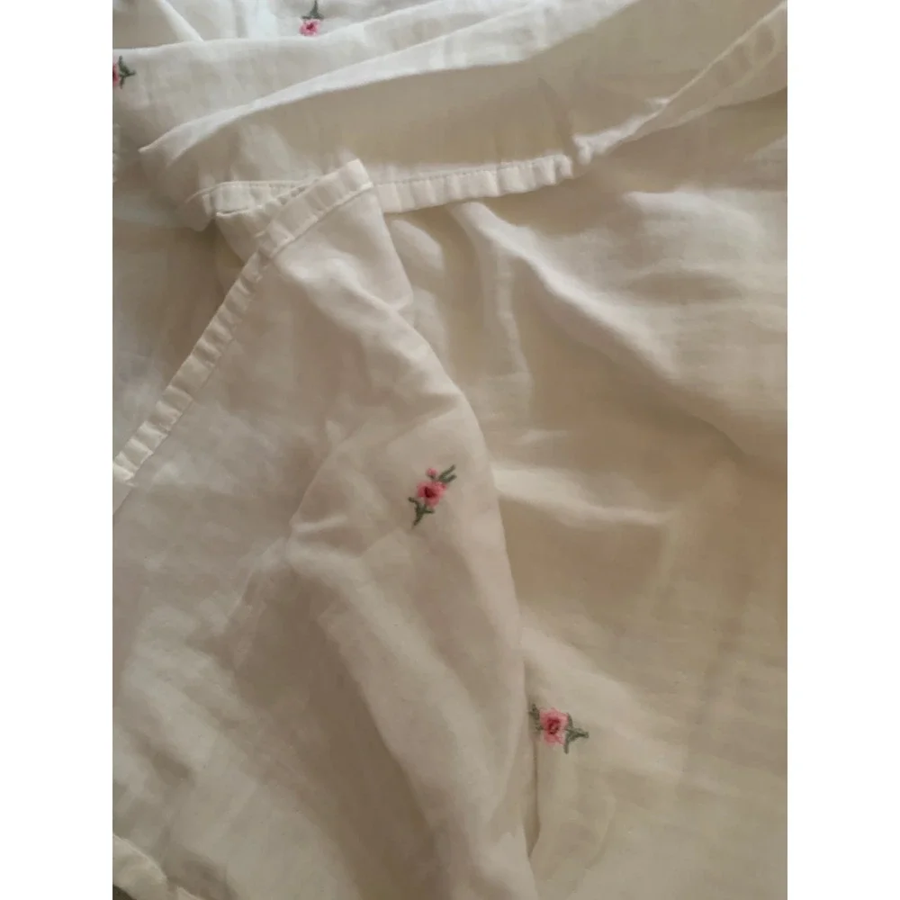 White Cotton Floral Embroidered Shower Curtain Pink Rosebud Cottagecore 70x75